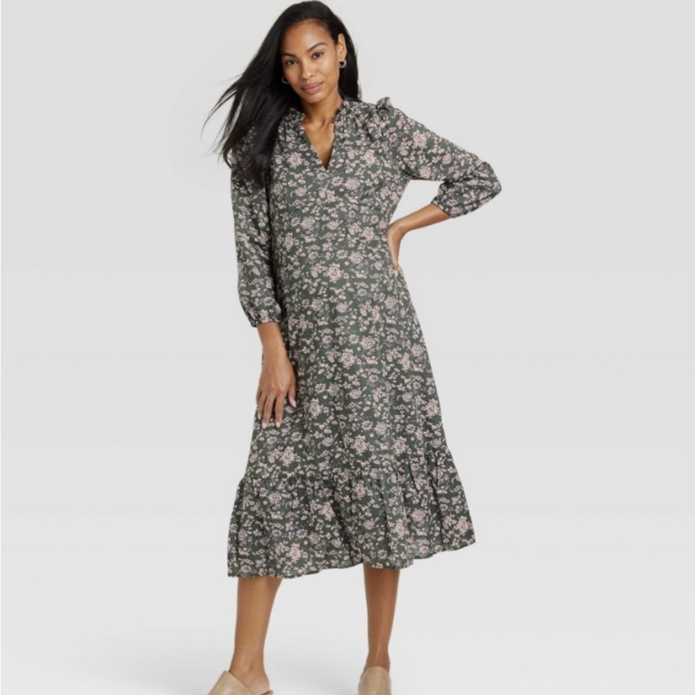 The Nines by Hatch Floral Green Midi Maternity Dress